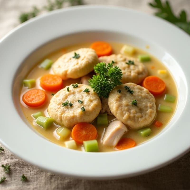 Creamy Chicken and Vegetable Soup with Fluffy Herb Dumplings
