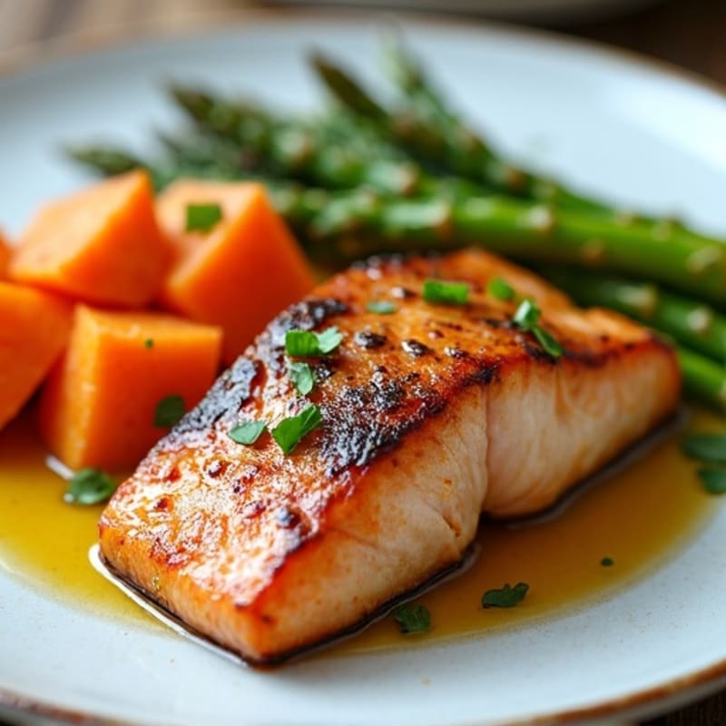 Seared Salmon with Roasted Sweet Potatoes and Asparagus