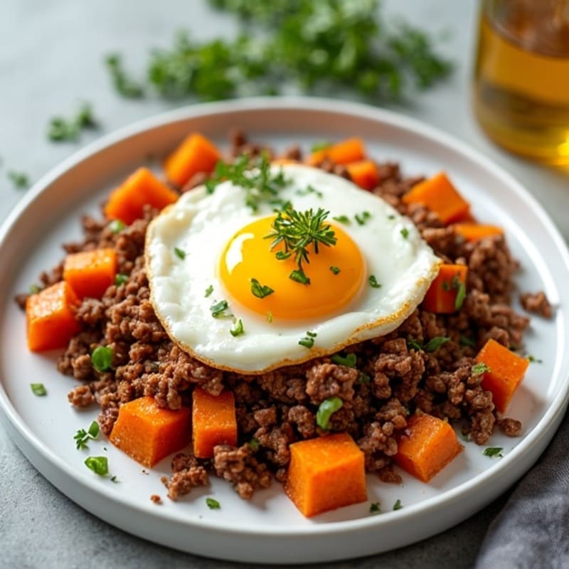 Lean Ground Beef and Roasted Sweet Potato Hash