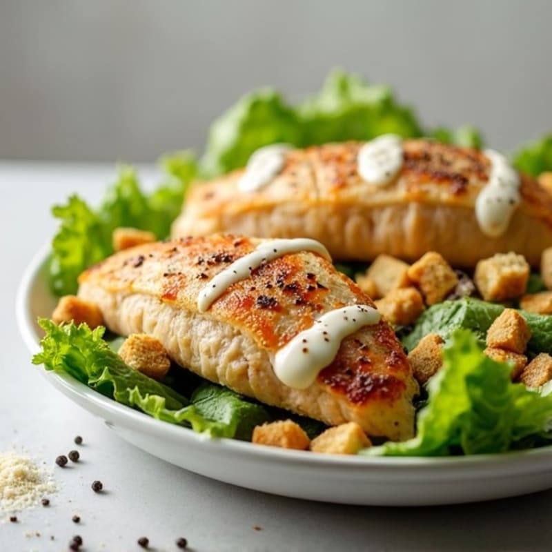 Grilled Chicken with Fresh Romaine, Creamy Garlic-Parmesan Dressing, and Crunchy Croutons