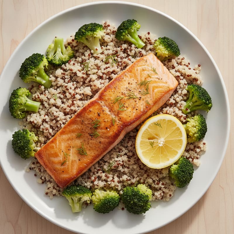 Seared Salmon Fillet with Steamed Broccoli and Quinoa