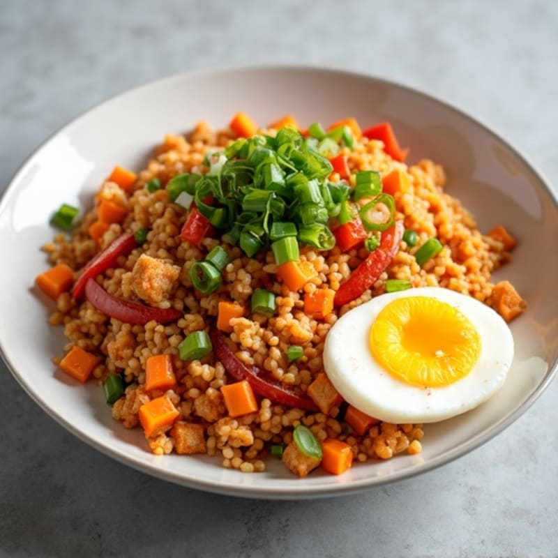 Healthy Kimchi Fried Rice with Scrambled Eggs and Crisp Vegetables