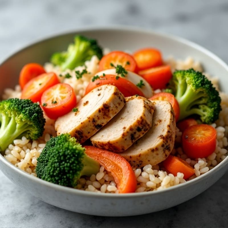 Stir-Fried Chicken and Brown Rice with Crispy Vegetables