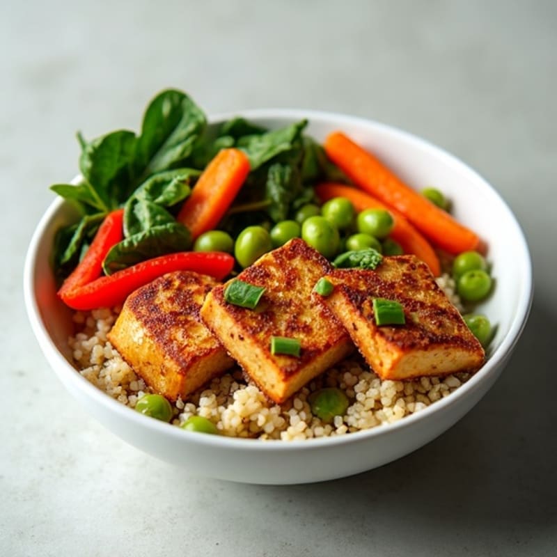 Crispy Baked Tofu with Quinoa Vegetable Bowl