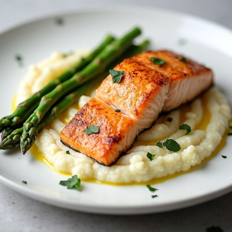 Seared Salmon with Steamed Asparagus and Cauliflower Mash