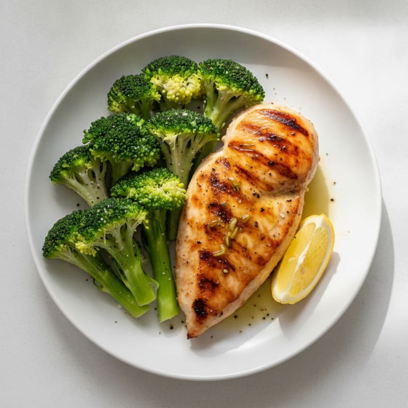 Grilled Chicken Breast with Steamed Broccoli and Lemon