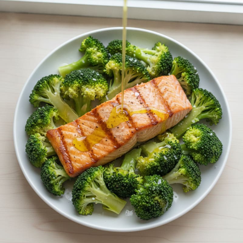 Seared Salmon with Steamed Broccoli and Lemon Olive Oil Drizzle