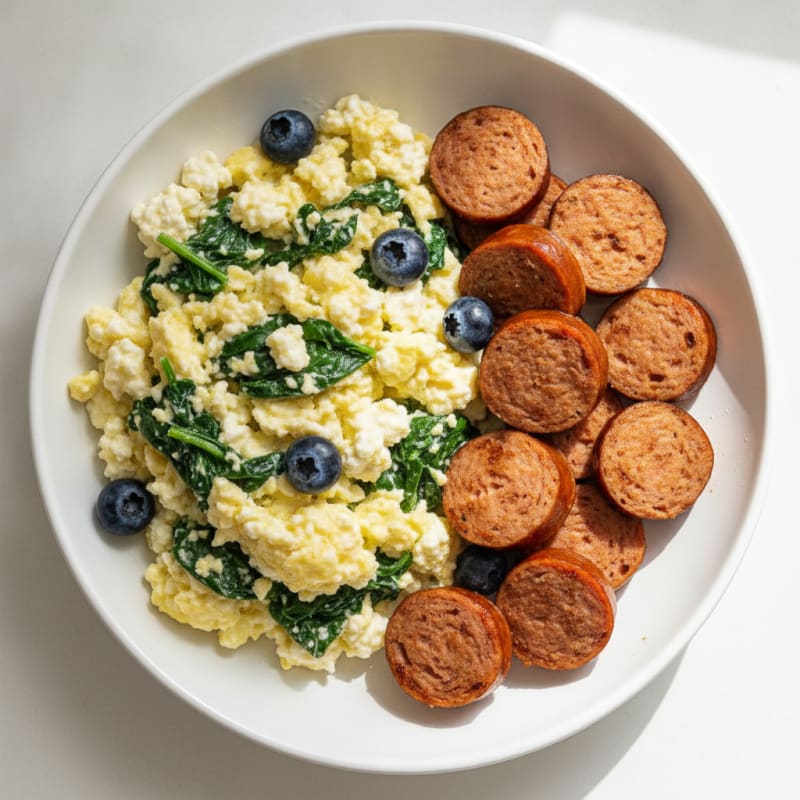 Cottage Cheese Scramble with Spinach and Sautéed Turkey Sausage