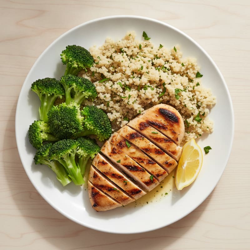 Grilled Chicken Breast with Steamed Broccoli and Quinoa