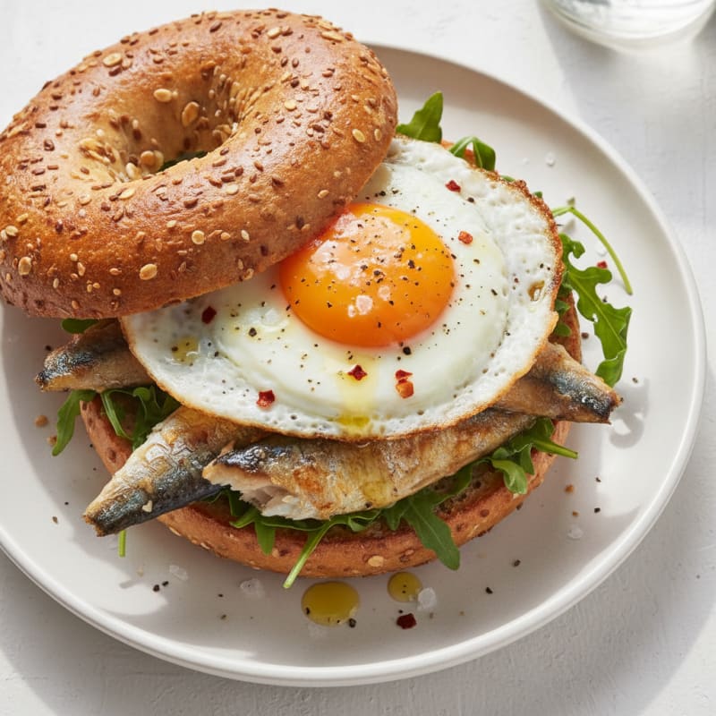 Pan-Seared Pacific Sardines and Fried Egg Bagel