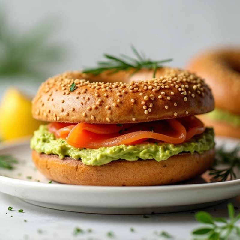 Smoked Salmon Whole Wheat Bagel with Creamy Avocado and Fresh Dill