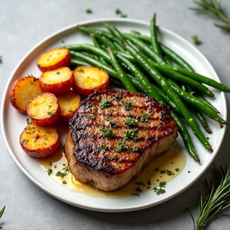 Pan-Seared Steak with Garlic Herb Roasted Potatoes and Crispy Green Beans