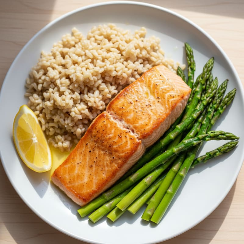 Seared Salmon with Steamed Asparagus and Brown Rice