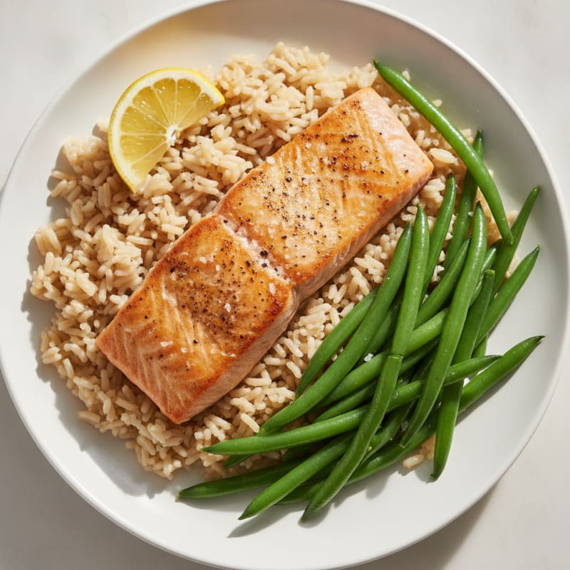 Seared Salmon Fillet with Steamed Green Beans and Brown Rice