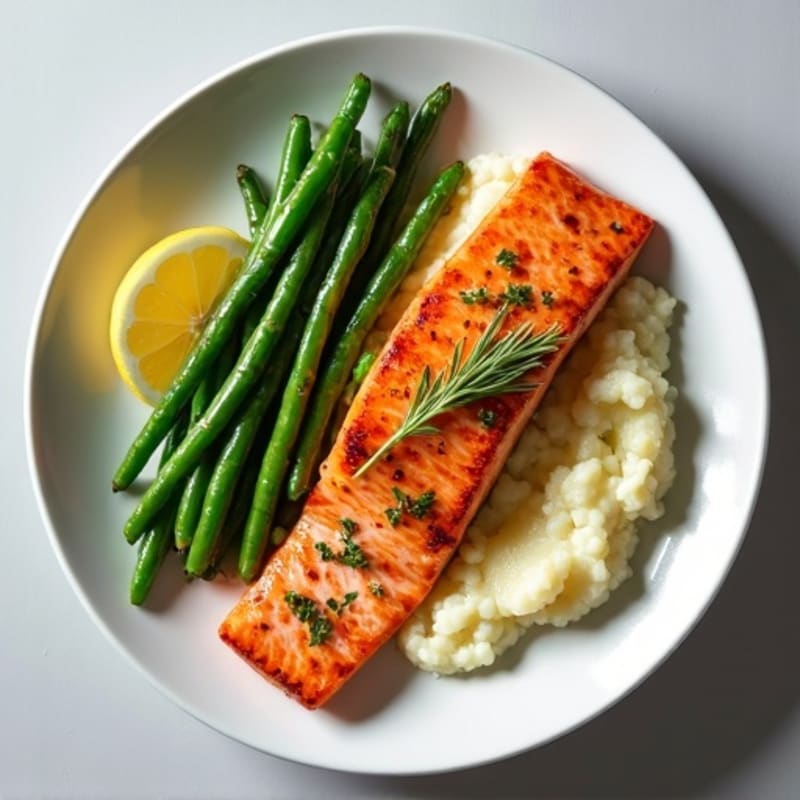 Seared Salmon with Garlic Green Beans and Cauliflower Mash