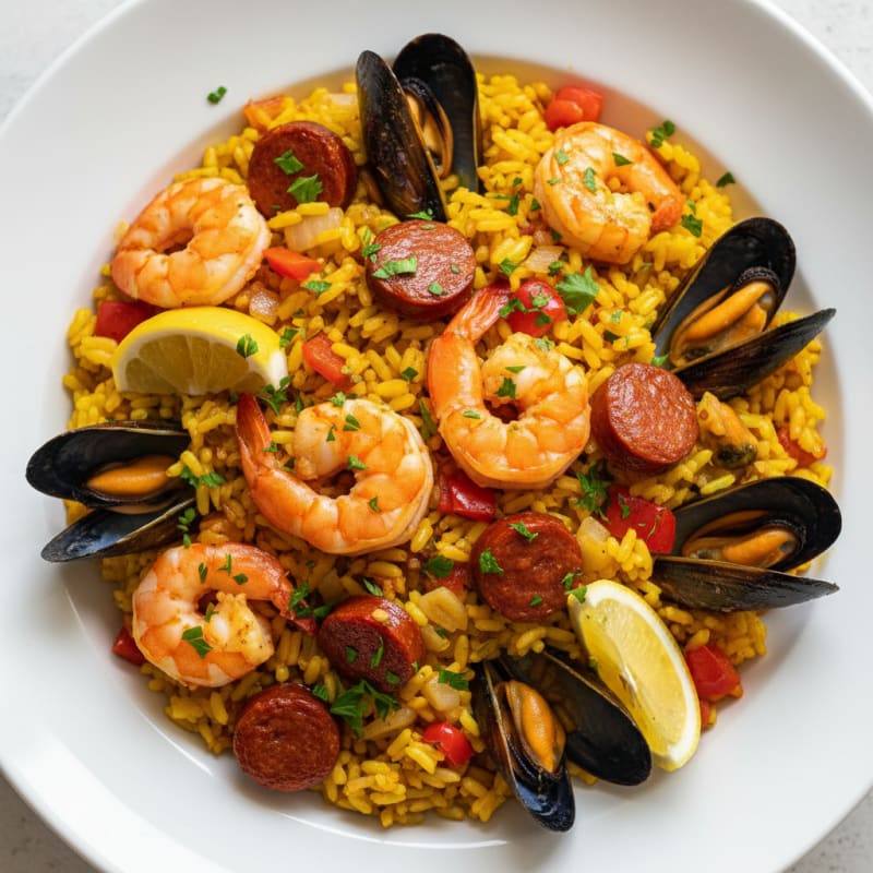 Golden Saffron Seafood Paella with Chorizo