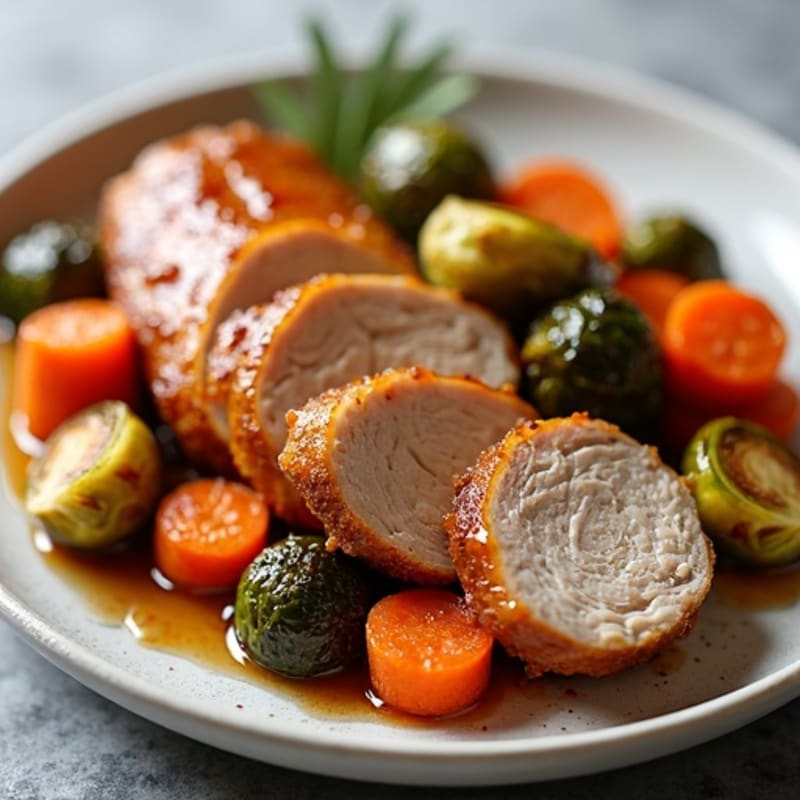 Maple Glazed Pork Tenderloin with Roasted Carrots and Crispy Brussels Sprouts
