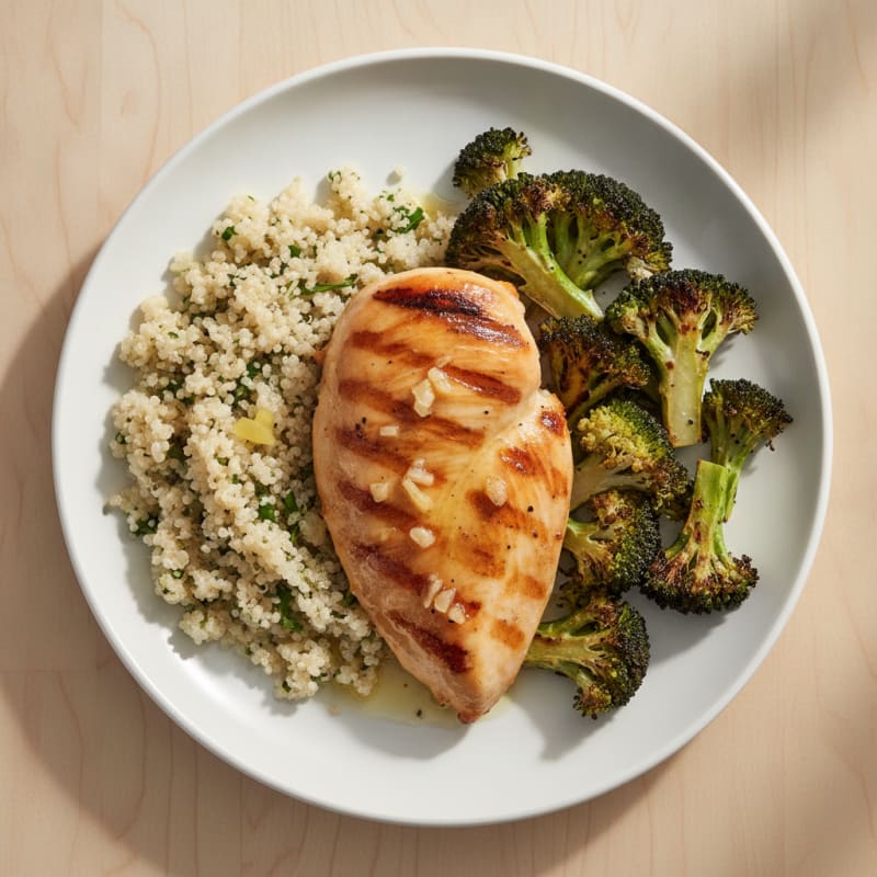 Grilled Lemon-Garlic Chicken Breast with Quinoa and Roasted Broccoli