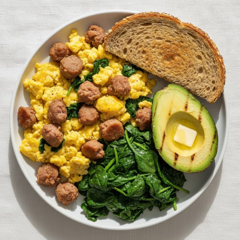 Scrambled Eggs with Turkey Sausage and Sautéed Spinach