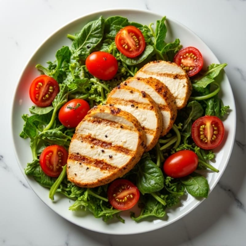 Grilled Chicken Breast over Mixed Greens with Cherry Tomatoes