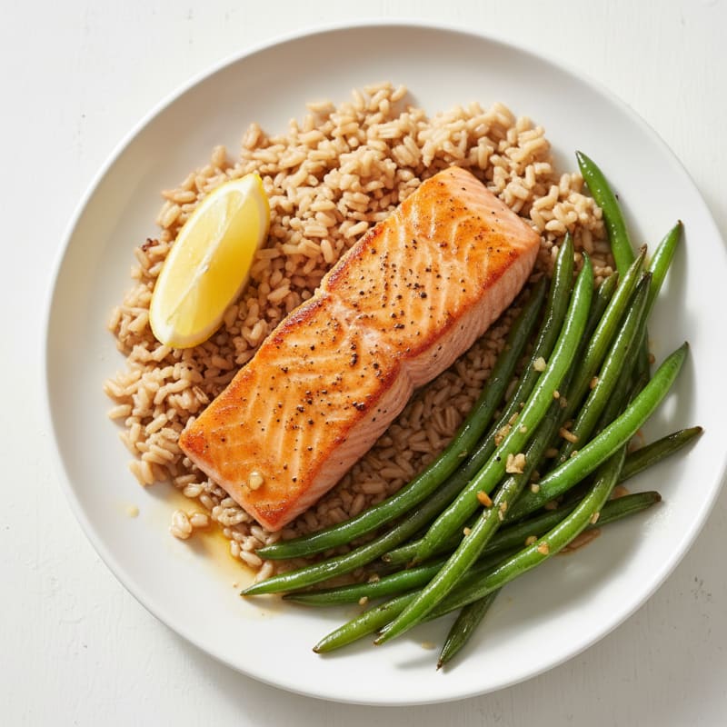 Seared Salmon Fillet with Garlic Green Beans and Brown Rice