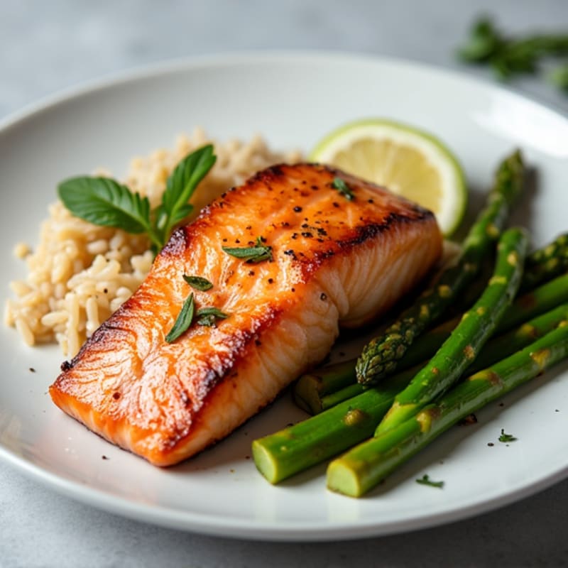 Seared Salmon with Steamed Asparagus and Brown Rice