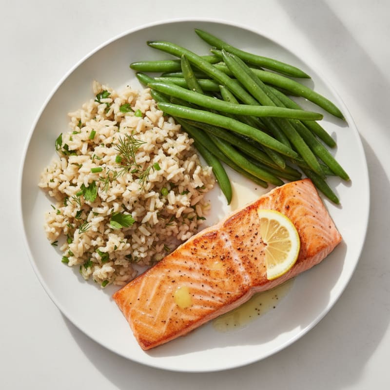 Seared Salmon with Steamed Green Beans and Herb Brown Rice