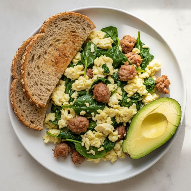 Egg White Spinach Scramble with Turkey Sausage