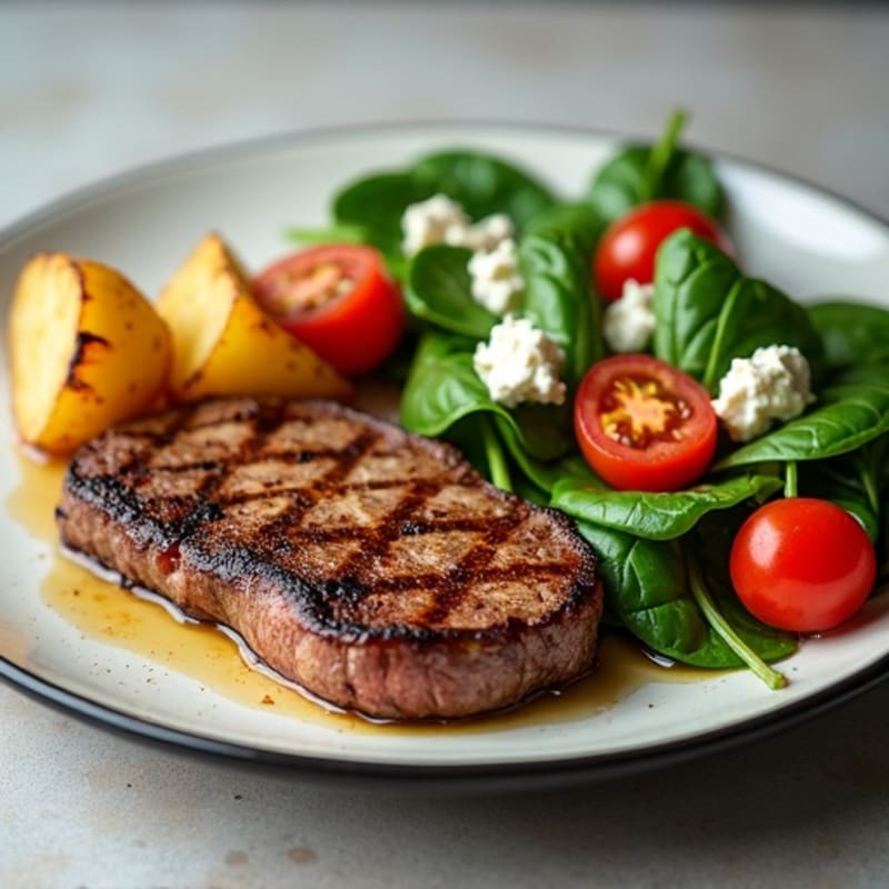 Grilled Steak with Roasted Potato and Spinach Salad