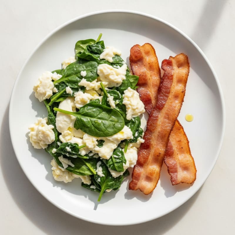 Egg White and Spinach Scramble with Grilled Turkey Bacon