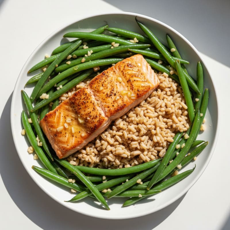 Seared Salmon with Garlic Green Beans and Steamed Brown Rice