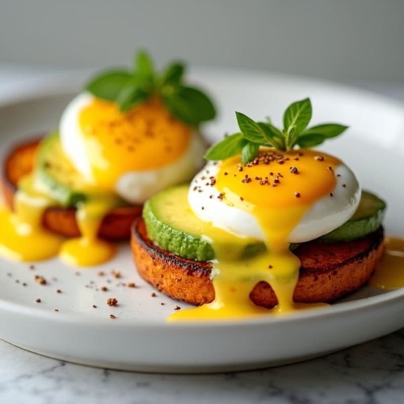 Poached Eggs with Avocado Hollandaise on Sweet Potato Rounds