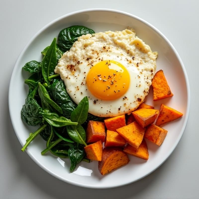 Egg White and Turkey Spinach Scramble with Roasted Sweet Potato