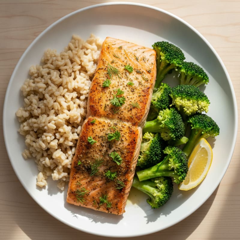Herb-Roasted Salmon with Steamed Broccoli and Brown Rice