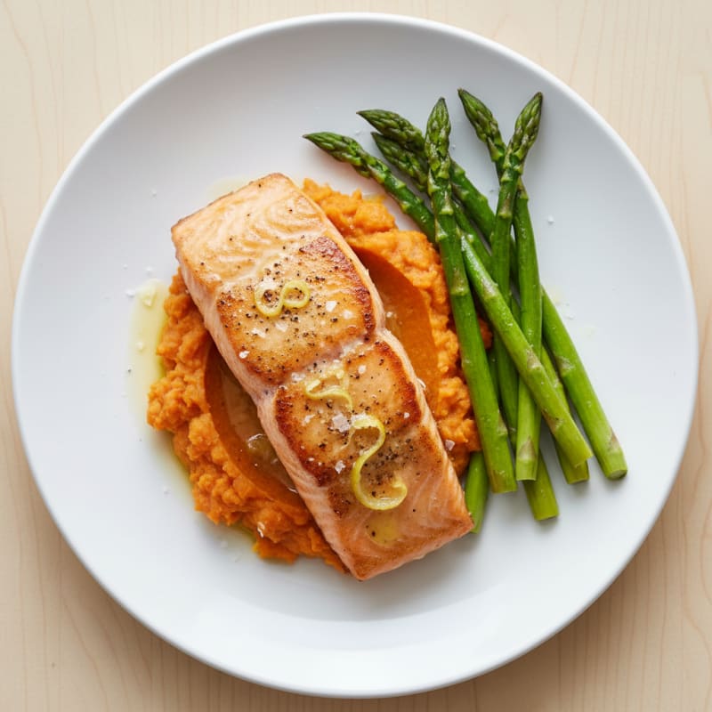 Seared Salmon Fillet with Roasted Asparagus and Sweet Potato Mash