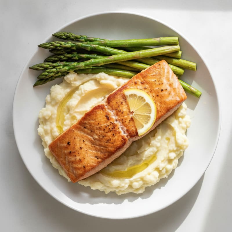 Seared Salmon with Steamed Asparagus and Garlic Mashed Cauliflower