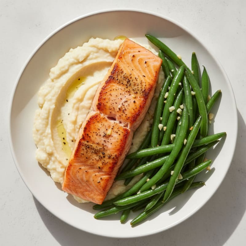 Seared Salmon with Garlic Green Beans and Cauliflower Mash