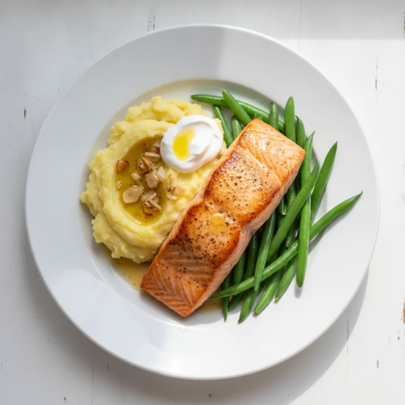 Seared Salmon Fillet with Steamed Green Beans and Garlic Mashed Potatoes