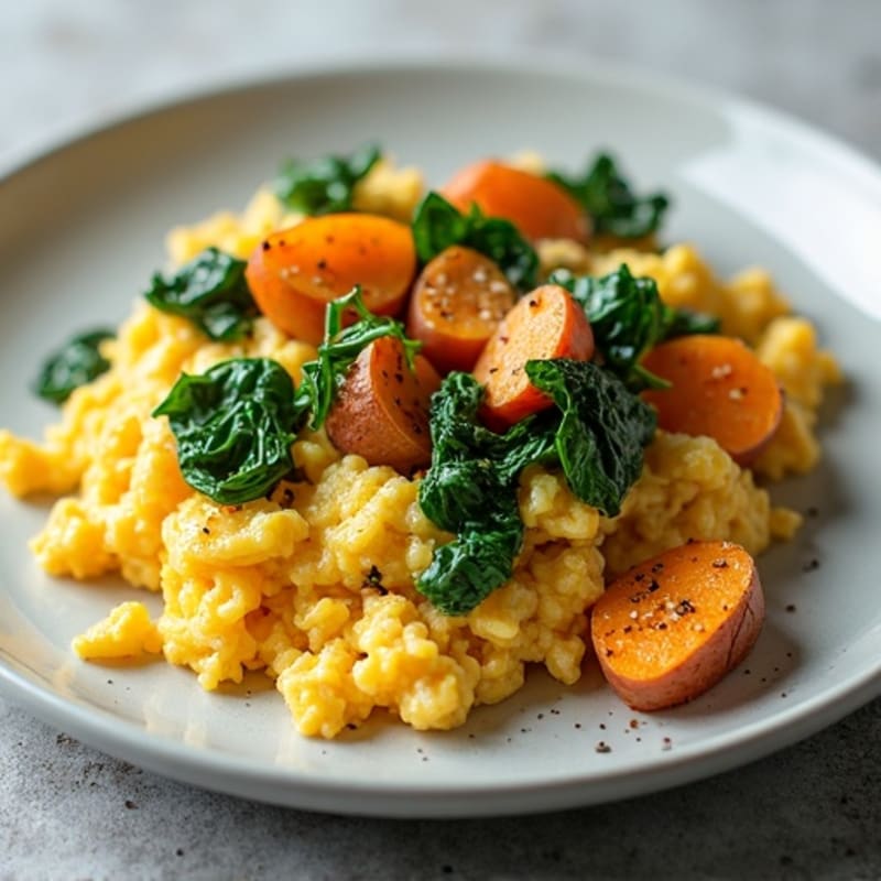 Protein-Packed Scrambled Eggs with Sautéed Spinach and Crispy Roasted Sweet Potatoes