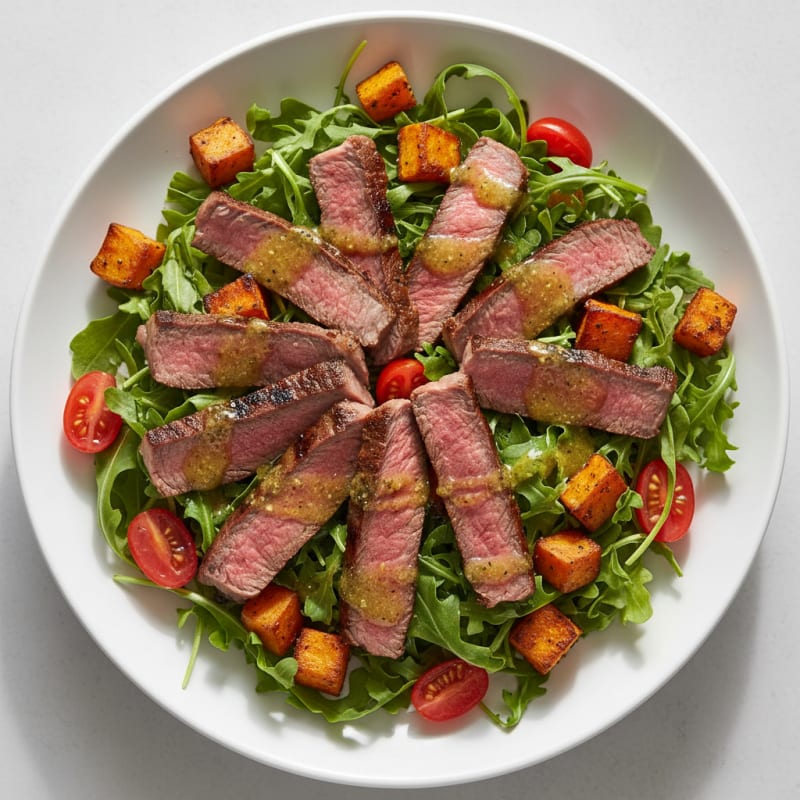 Grilled Steak Salad with Roasted Sweet Potatoes and Cherry Tomatoes