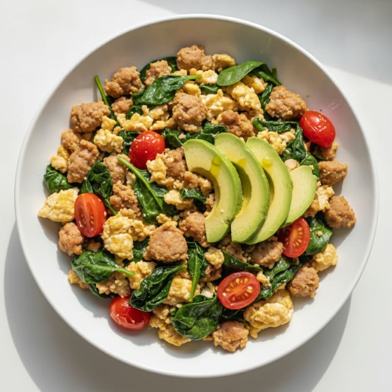 Egg White and Turkey Sausage Scramble with Spinach and Cherry Tomatoes