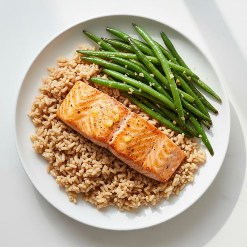 Seared Salmon with Garlic Green Beans and Brown Rice