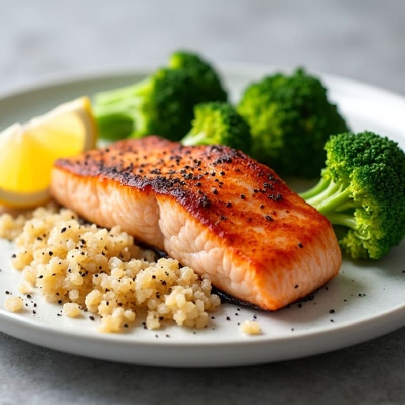 Seared Salmon with Steamed Broccoli and Quinoa