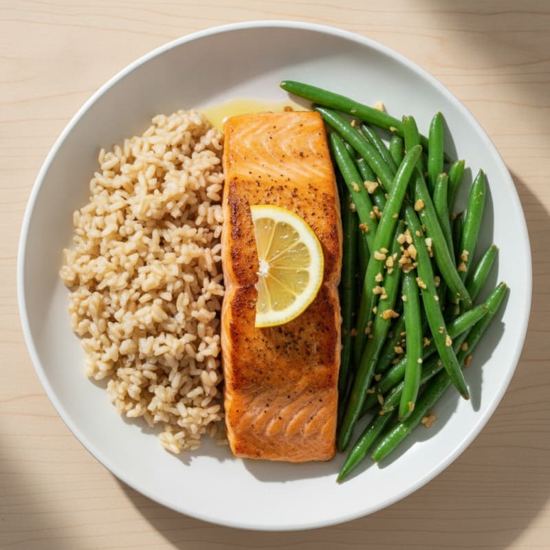 Seared Salmon with Garlic Green Beans and Steamed Brown Rice