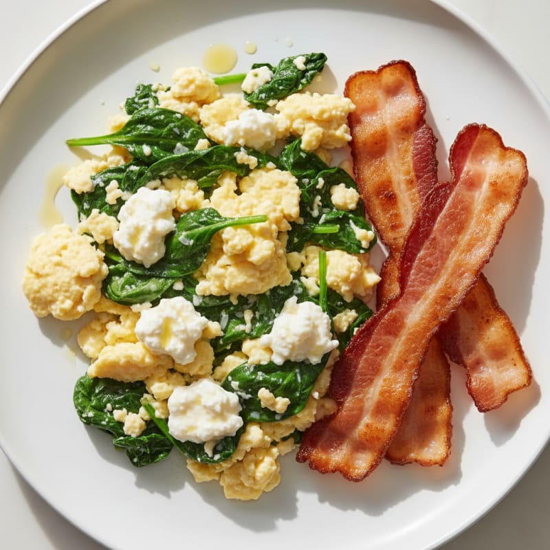 Cottage Cheese Egg Scramble with Sautéed Spinach and Turkey Bacon