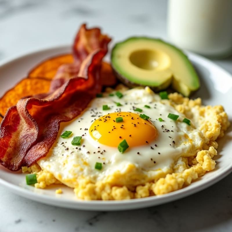 Egg White Scramble with Crispy Turkey Bacon and Roasted Sweet Potatoes