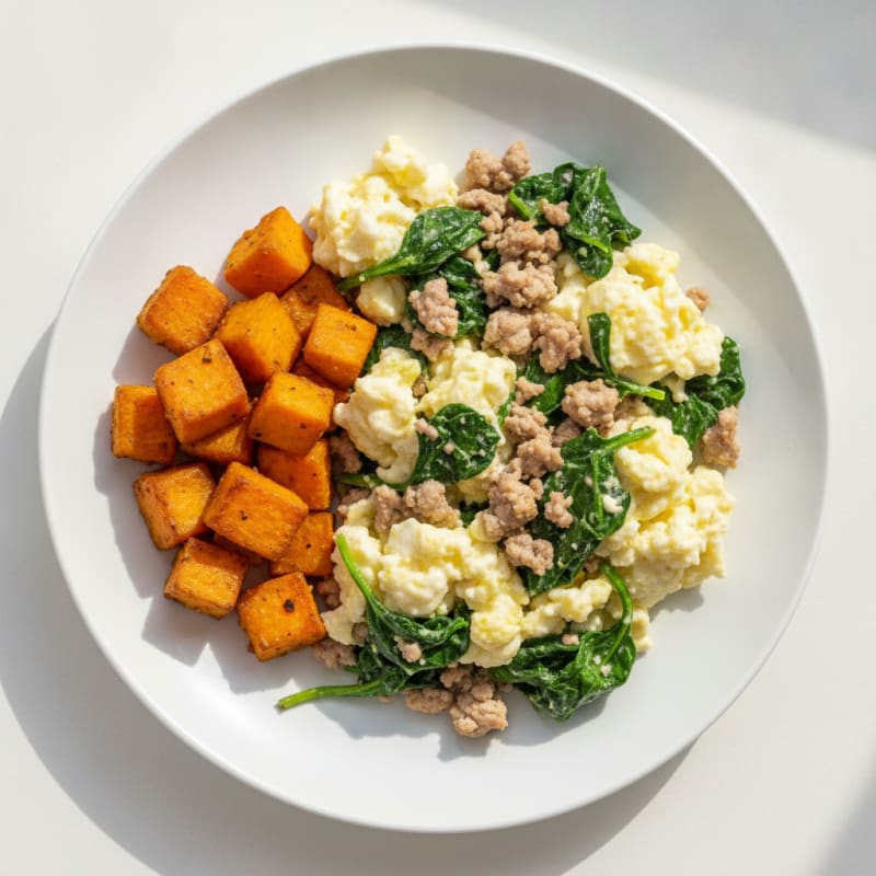 Egg White and Turkey Spinach Scramble with Roasted Sweet Potato