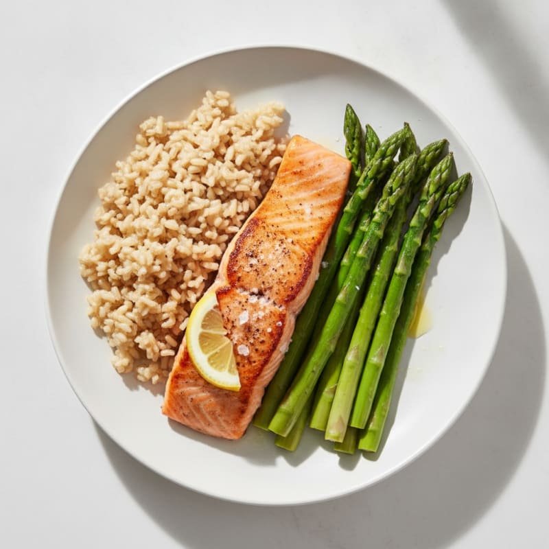 Seared Salmon with Steamed Asparagus and Brown Rice