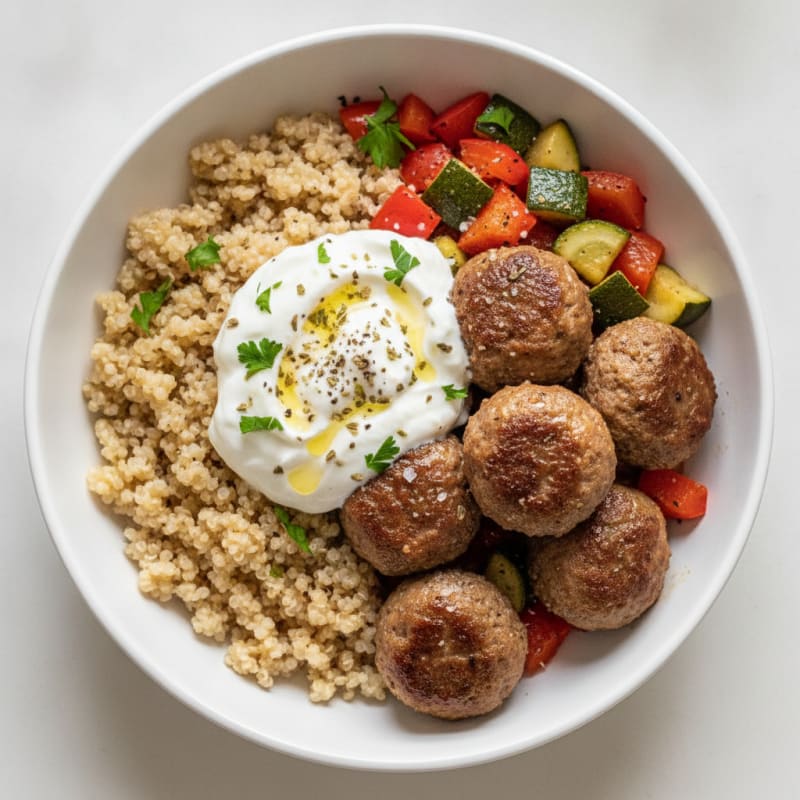 Lean Beef Quinoa Bowl with Lemon-Herb Yogurt