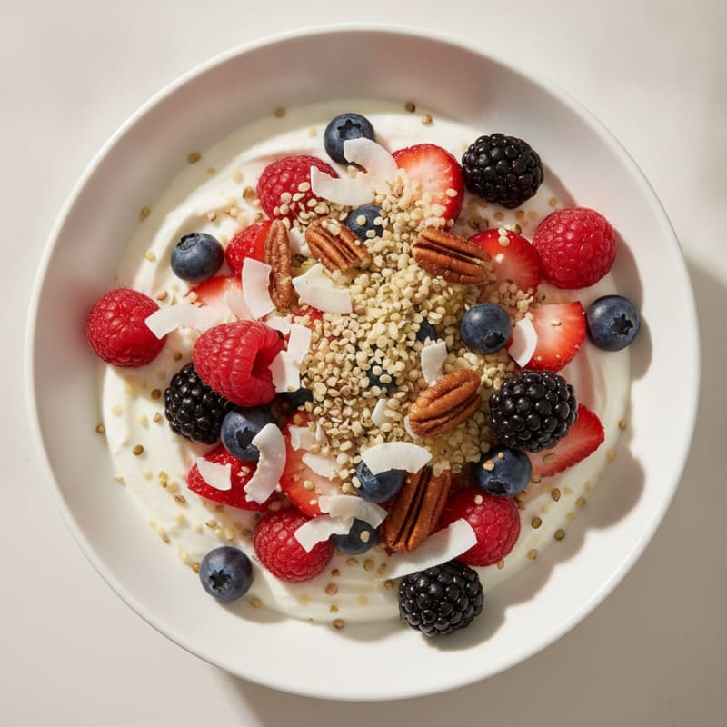 Silky Greek Yogurt Bowl with Hemp Seeds and Mixed Berries